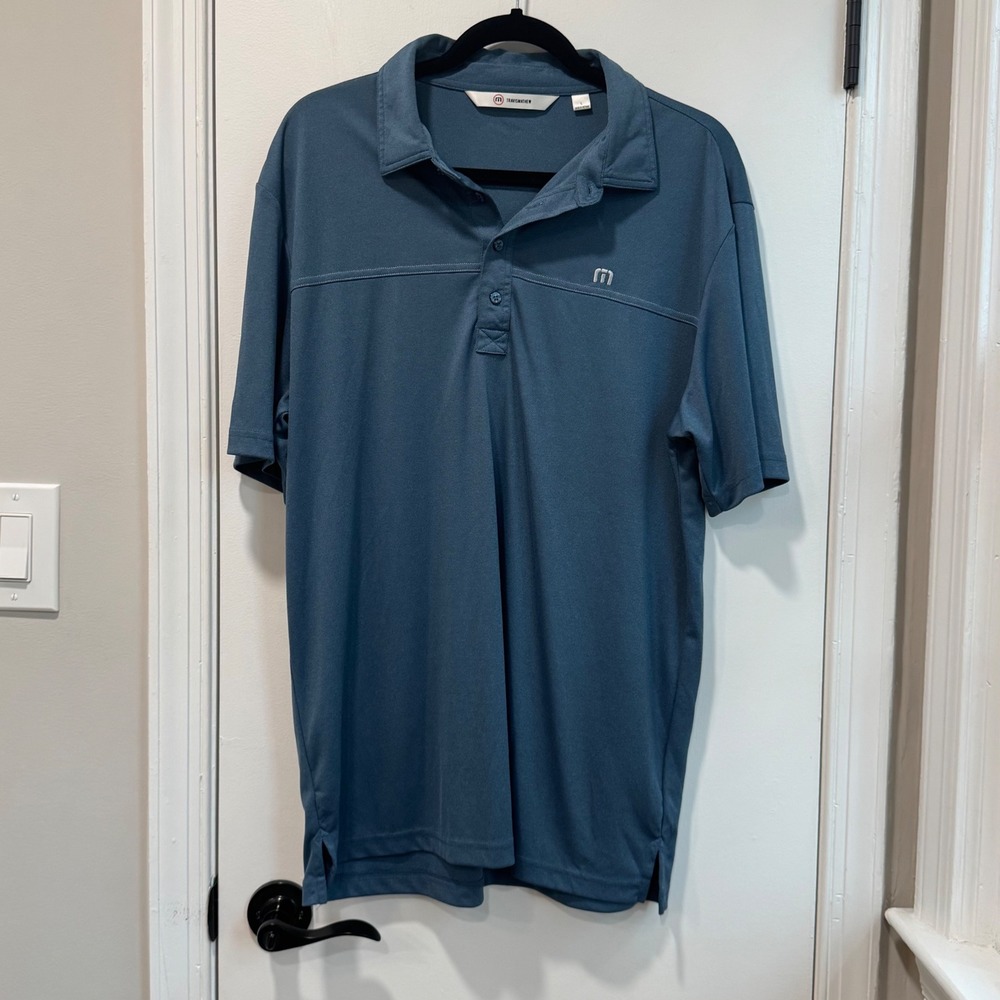 Travis Mathew Golf Polo Shirt Dinosaur Logo Blue Short Sleeve Athletic‎ Large